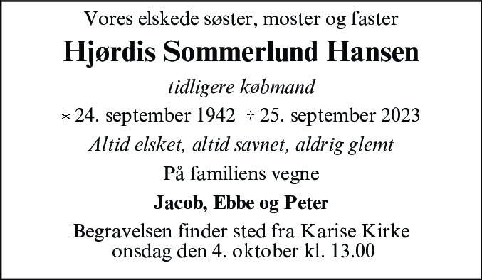 Dødsannonce for Hjørdis Sommerlund Hansen