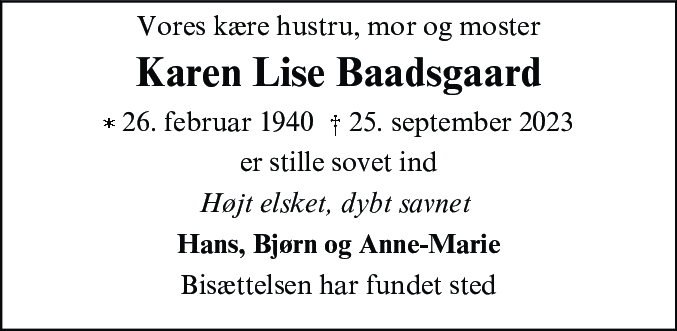Dødsannonce for Karen Lise Baadsgaard