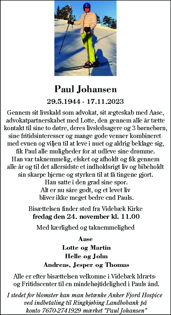 Dødsannonce for Paul Johansen