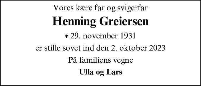 Dødsannonce for Henning Greiersen