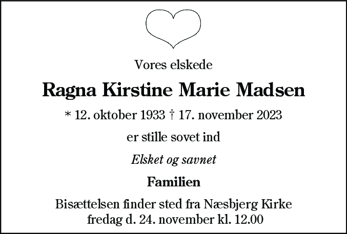 Dødsannonce for Ragna Kirstine Marie Madsen