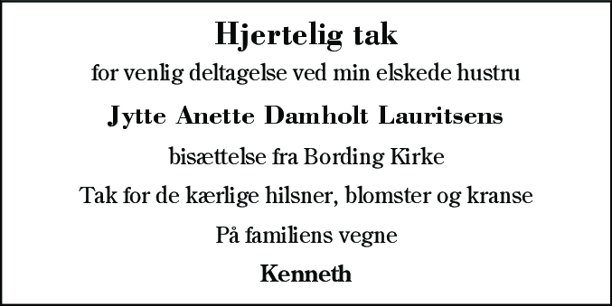 Dødsannonce for Jytte Anette Damholt Lauritsen