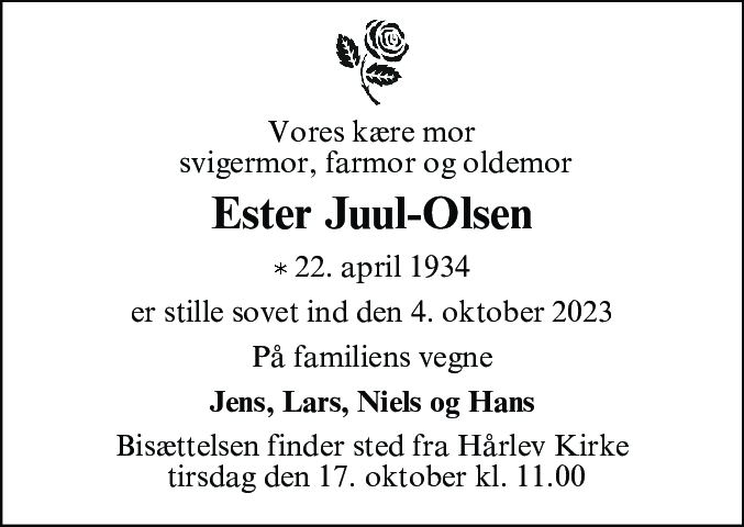 Dødsannonce for Ester Juul-Olsen