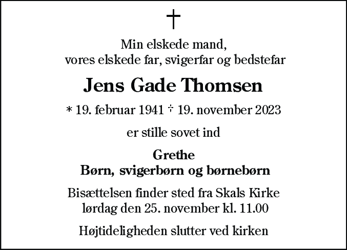 Dødsannonce for Jens Gade Thomsen