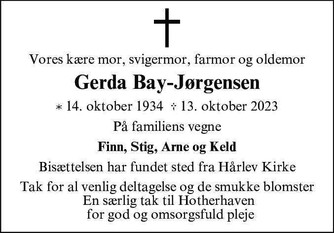 Dødsannonce for Gerda Ingrid Sylvest Bay-Jørgensen