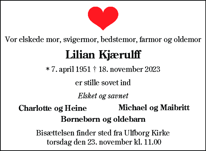 Dødsannonce for Lilian Kjærulff