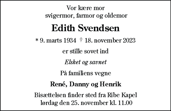 Dødsannonce for Edith Svendsen