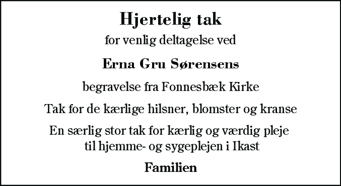 Dødsannonce for Erna gru Sørensen