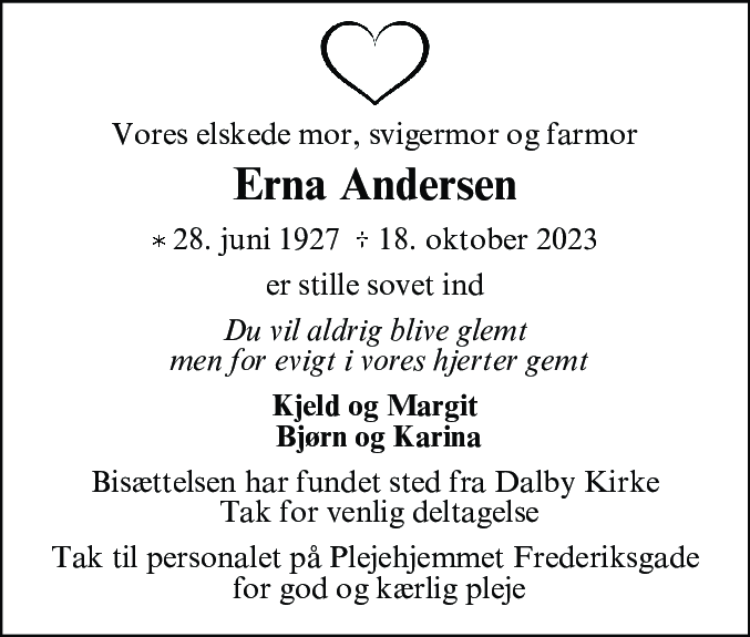 Dødsannonce for Erna Grethe Andersen