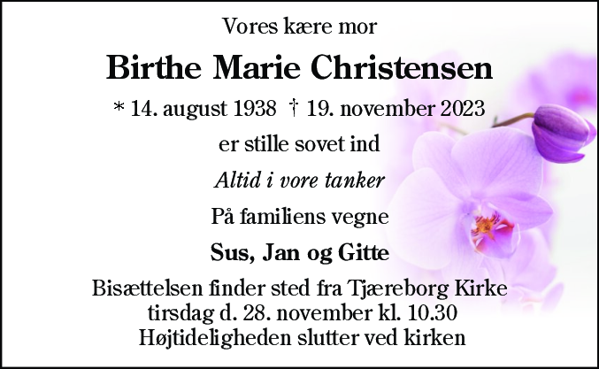 Dødsannonce for Birthe Marie Christensen