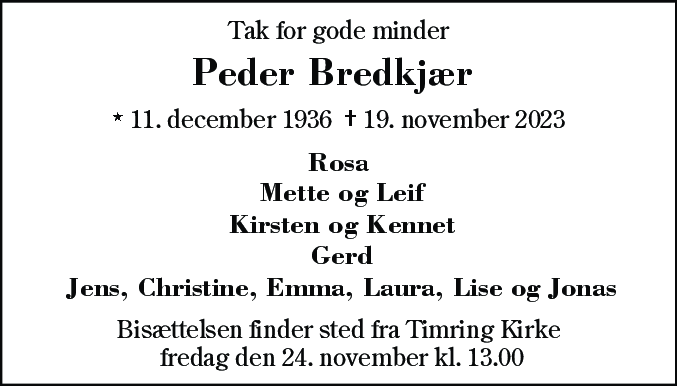 Dødsannonce for Peder Bredkjær Engelbrektsen