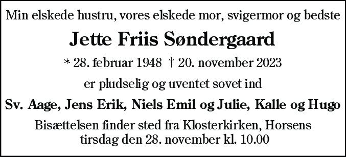 Dødsannonce for Jette Søndergaard