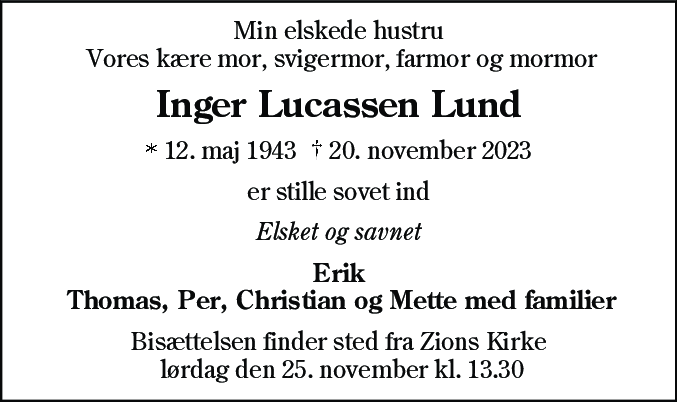 Dødsannonce for Inger Lund
