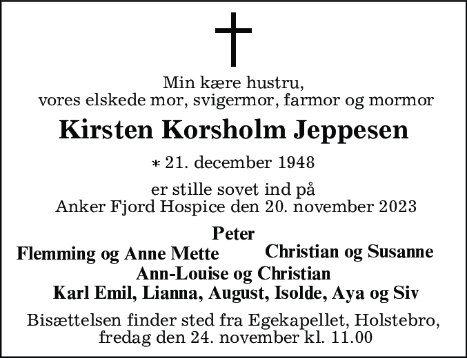 Dødsannonce for Kirsten Jeppesen