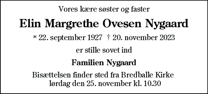 Dødsannonce for Elin Margrethe Ovesen Nygaard