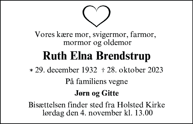 Dødsannonce for Ruth Elna Brendstrup