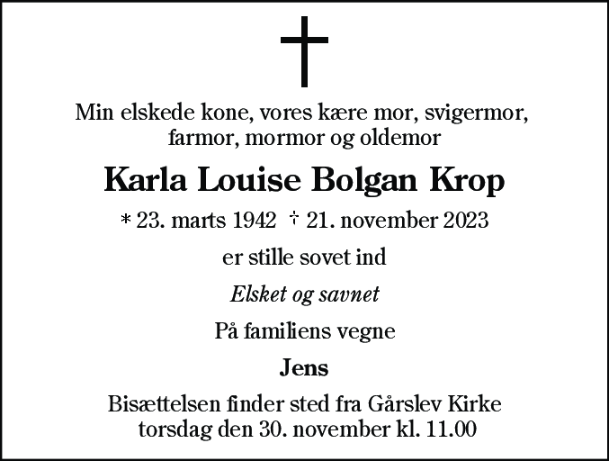 Dødsannonce for Karla Louise Bolgan Krop