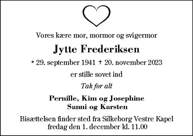Dødsannonce for Jytte Frederiksen