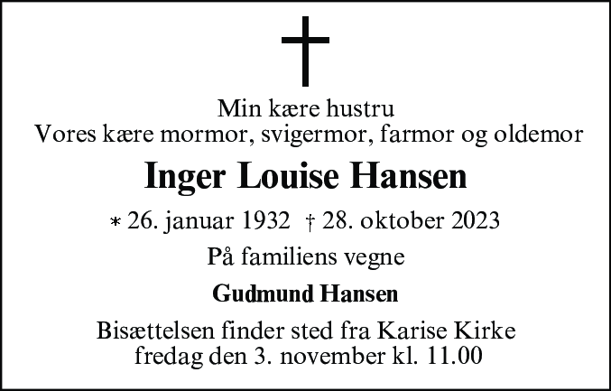 Dødsannonce for Inger Louise Hansen