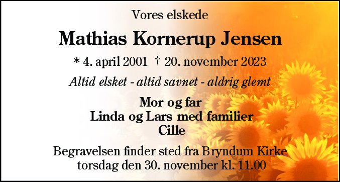 Dødsannonce for Mathias Kornerup Jensen