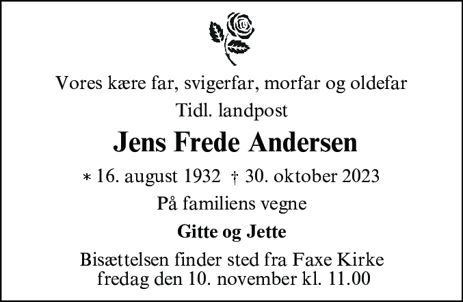 Dødsannonce for Jens Frede Andersen