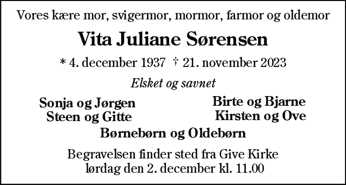 Dødsannonce for Vita Juliane Sørensen