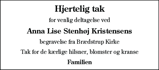 Dødsannonce for Anna Lise Stenhøj Kristensen