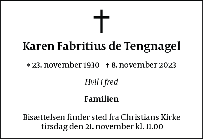 Dødsannonce for Karen Fabritius de Tengnagel