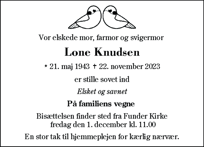 Dødsannonce for Lone Knudsen