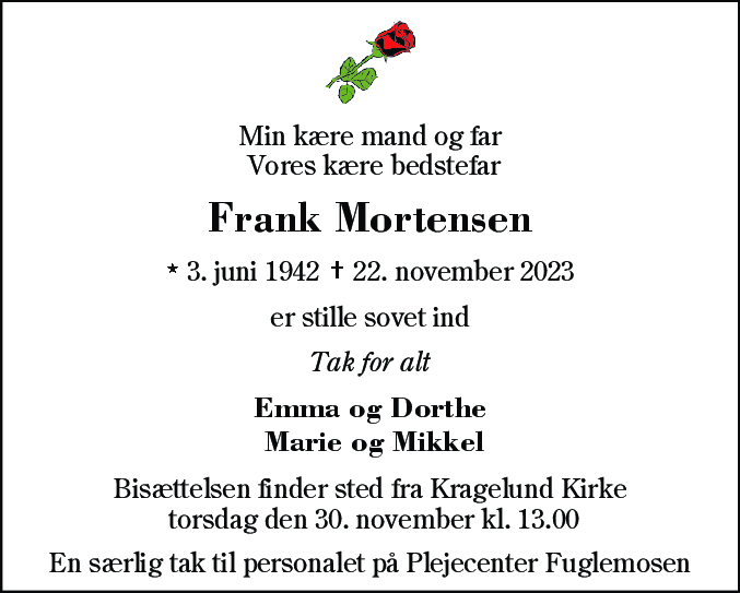 Dødsannonce for Frank Mortensen