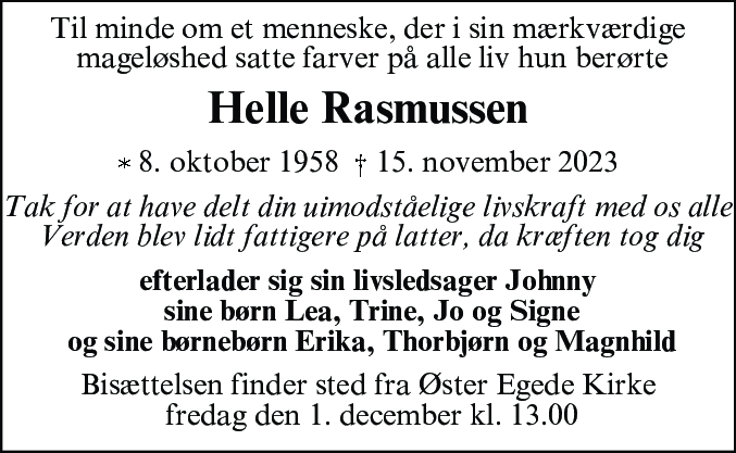 Dødsannonce for Helle Rasmussen