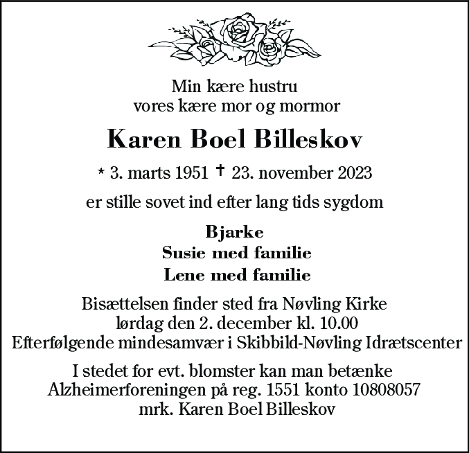 Dødsannonce for Karen Boel Billeskov
