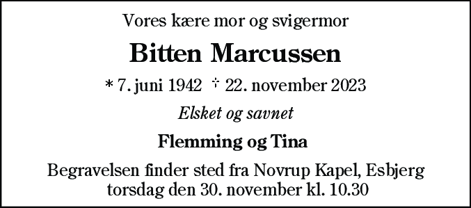 Dødsannonce for Bitten Marcussen