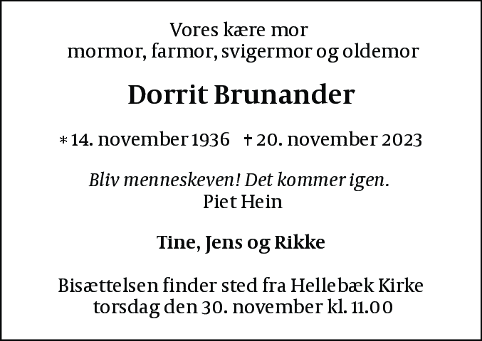 Dødsannonce for Dorrit Brunander
