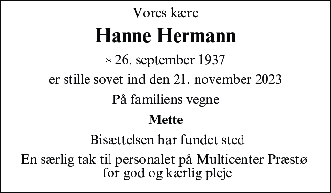 Dødsannonce for Hanne Hermann