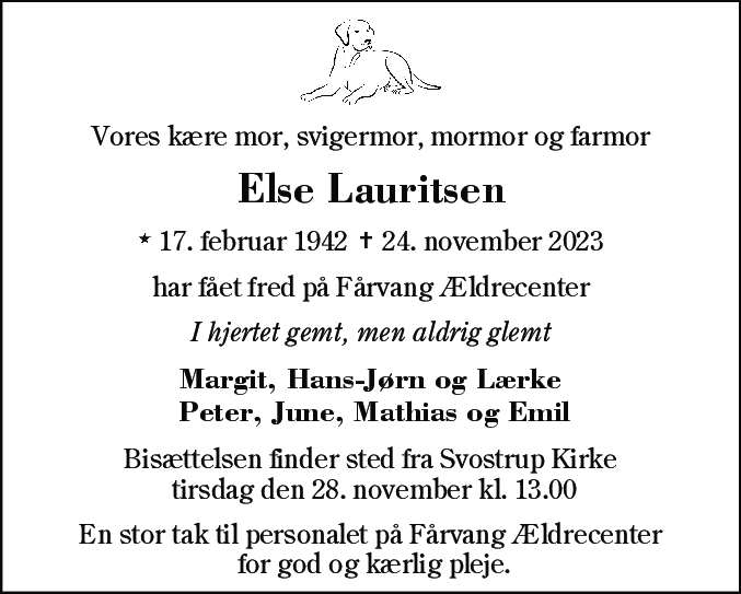 Dødsannonce for Else Lauritsen