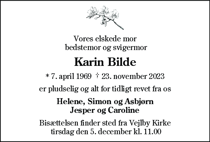 Dødsannonce for Karin Bilde