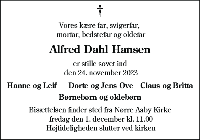 Dødsannonce for Alfred Dahl Hansen