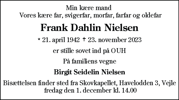 Dødsannonce for Frank Dahlin Nielsen
