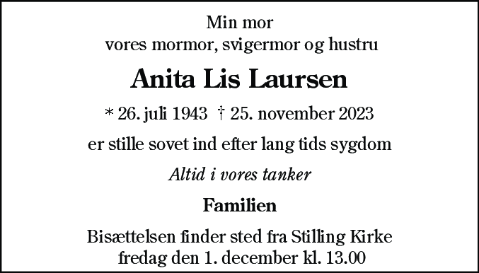 Dødsannonce for Anita Lis Laursen