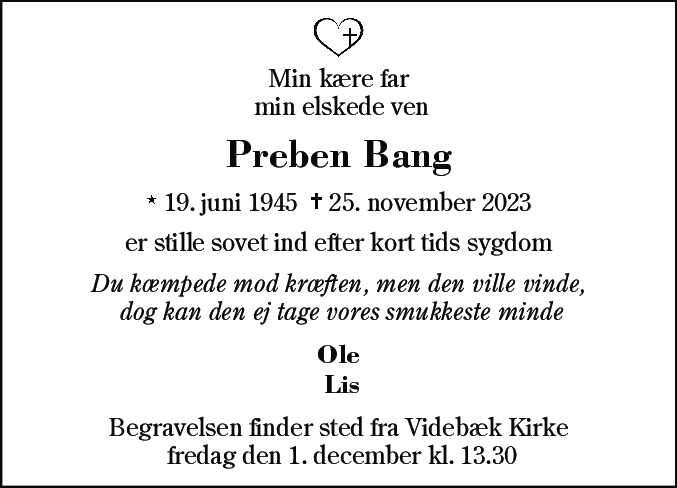 Dødsannonce for Preben Bang