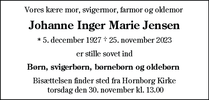 Dødsannonce for Johanne Inger Marie Jensen