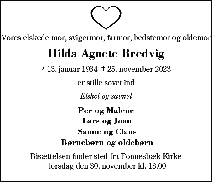Dødsannonce for Hilda Agnete Bredvig