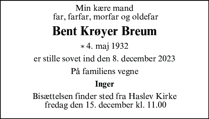 Dødsannonce for Poul Bent Krøyer Breum