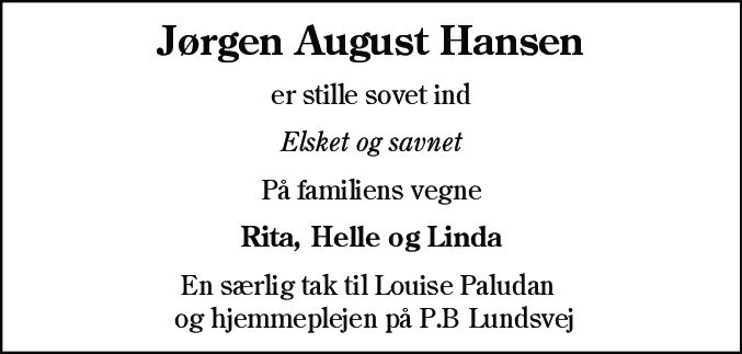 Dødsannonce for Jørgen August Hansen