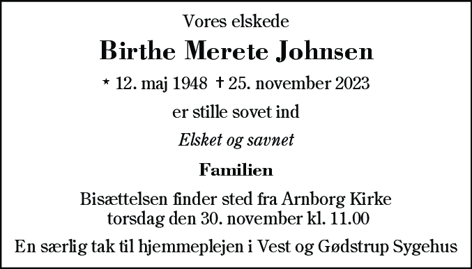 Dødsannonce for Birthe Merete Johnsen