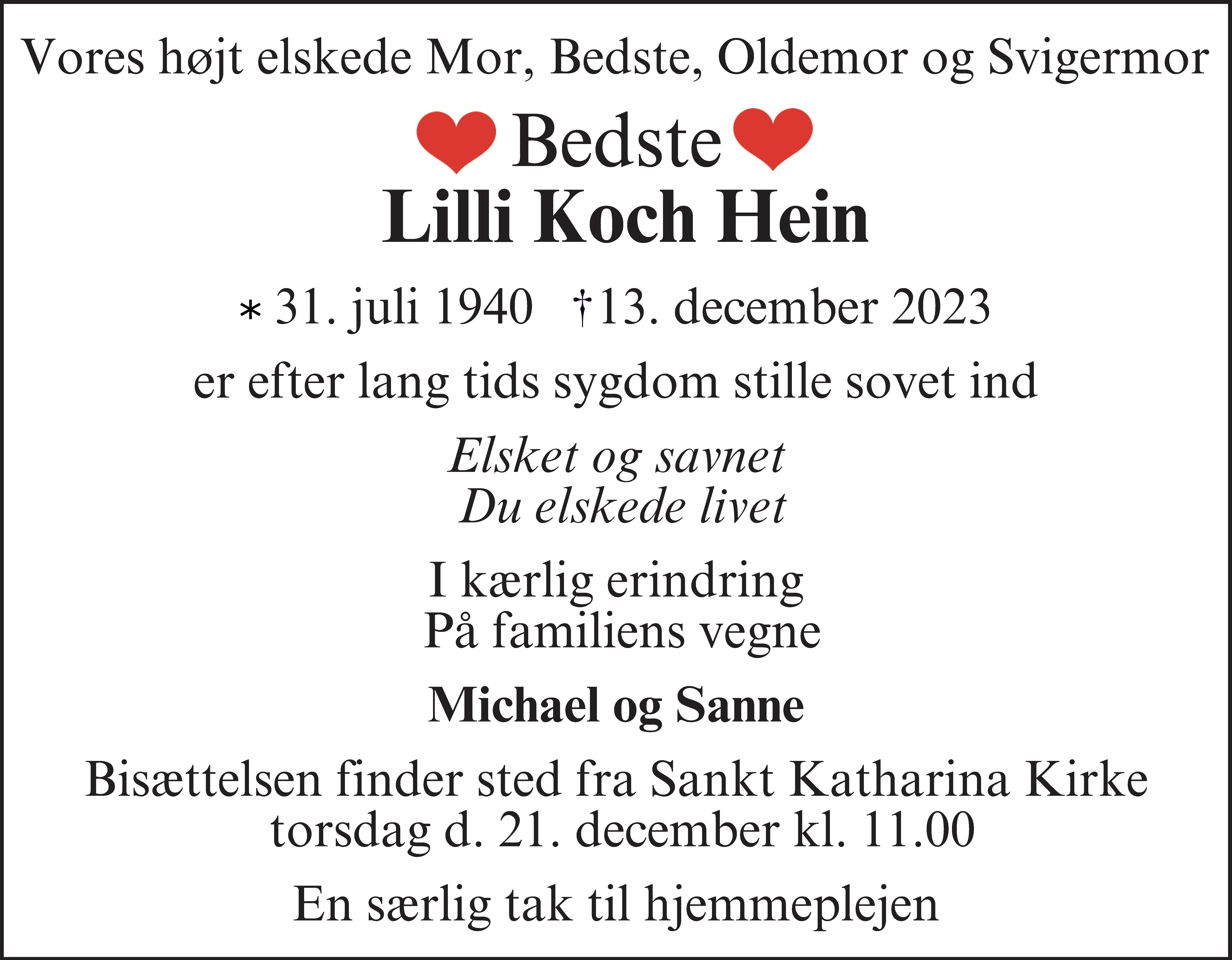 Dødsannonce for Lilli Koch Hein
