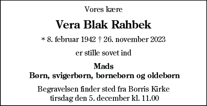 Dødsannonce for Vera Blak Rahbek