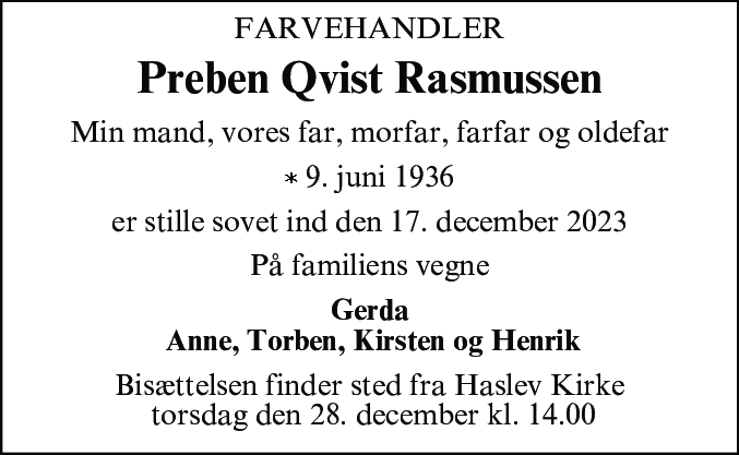 Dødsannonce for Preben Qvist Rasmussen