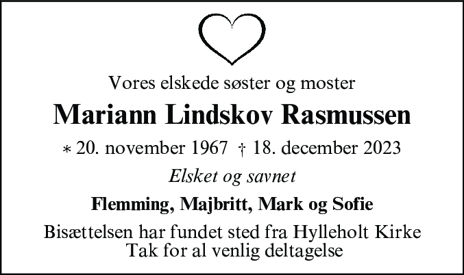 Dødsannonce for Mariann Lindskov Rasmussen